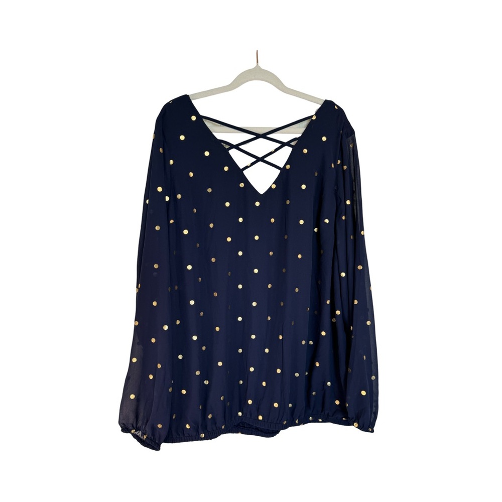 Torrid navy blue and gold dot chiffon blouse sheer long sleeve 3X lined body